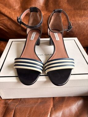 Tabitha Simmons Striped Block Heel Sandals Blue White Leather EU 39